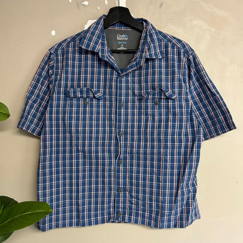 Croft & Barrow Mens Blue Checkered Cropped Short Sleeve Button Up Shirt M - Picture 1 of 6